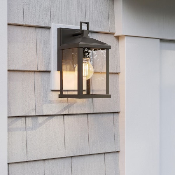 Cantley 10 in. Antique Bronze 1-Light Hardwired Small Outdoor Wall Lantern with Clear Glass Panels