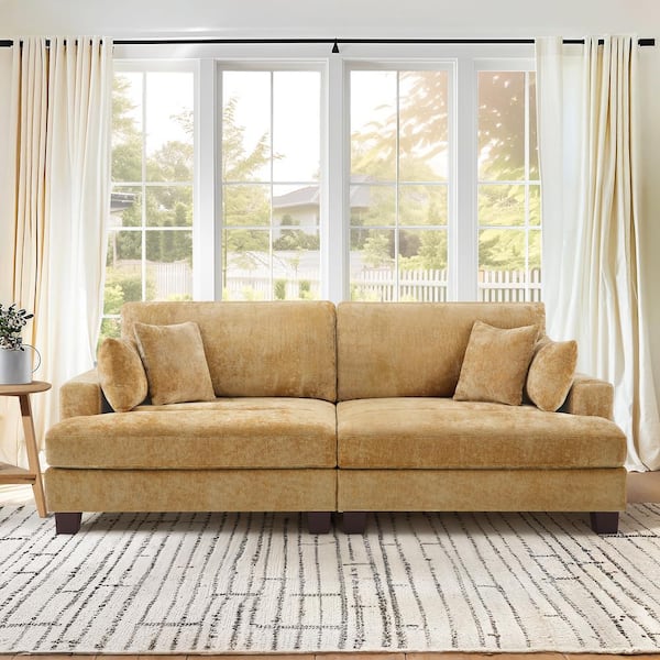 LUE BONA 88 in. Modern Straight Arm Sofa Chenille Upholstered Rectangle 4-Removable Cushion Triple Lounge Sofa in Ginger