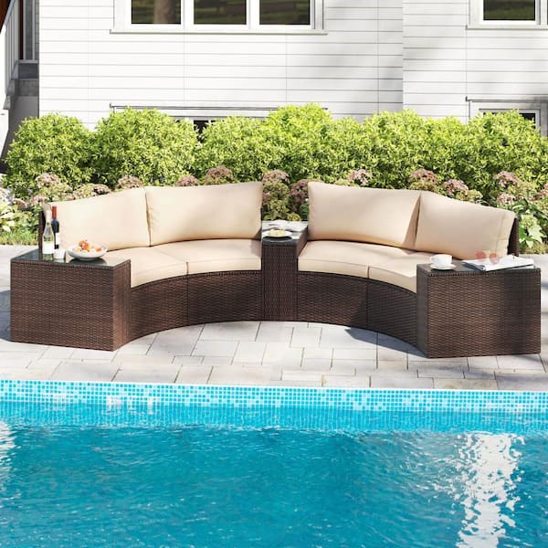 5-Piece Wicker Patio Conversation Set with Tempered Glass Top Side Tables Back and Seat Beige Cushions