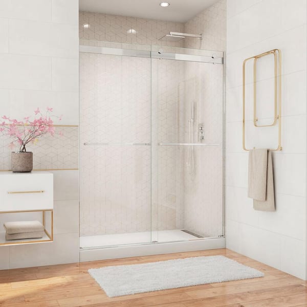 Essence 56 in. to 60 in. x 76 in. Semi-Frameless Sliding Shower Door in Brushed Nickel with Clear Glass