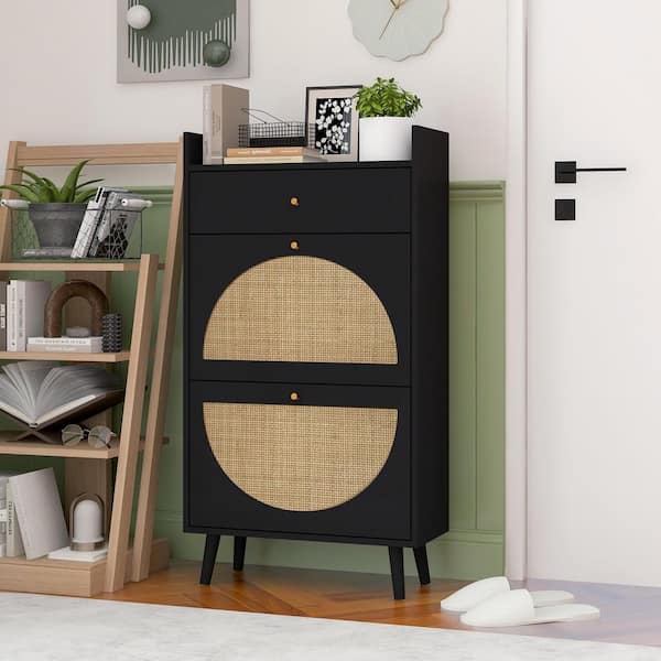 Tahanbath Rattan, Allen 2 door 1 drawer cabinet, shoe rack, double layer, suitable for entrance in Black