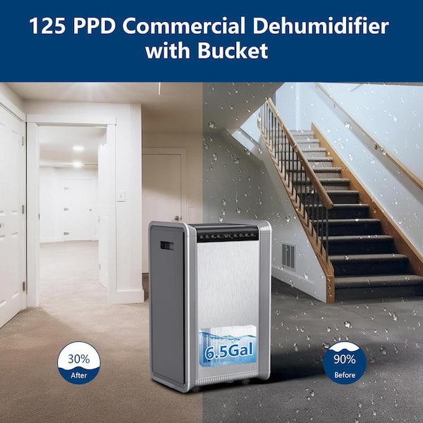 125 pt. 8,500 sq.ft. Dehumidifier in Metallic Color with Drain Hose, Bucket for Basement with Timer, Auto Defrost