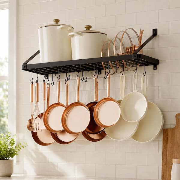 Matte Black 34 in. Wall Mounted Pot Rack with 20 Hooks, Pot Lid Organizer and 75 lb. Capacity