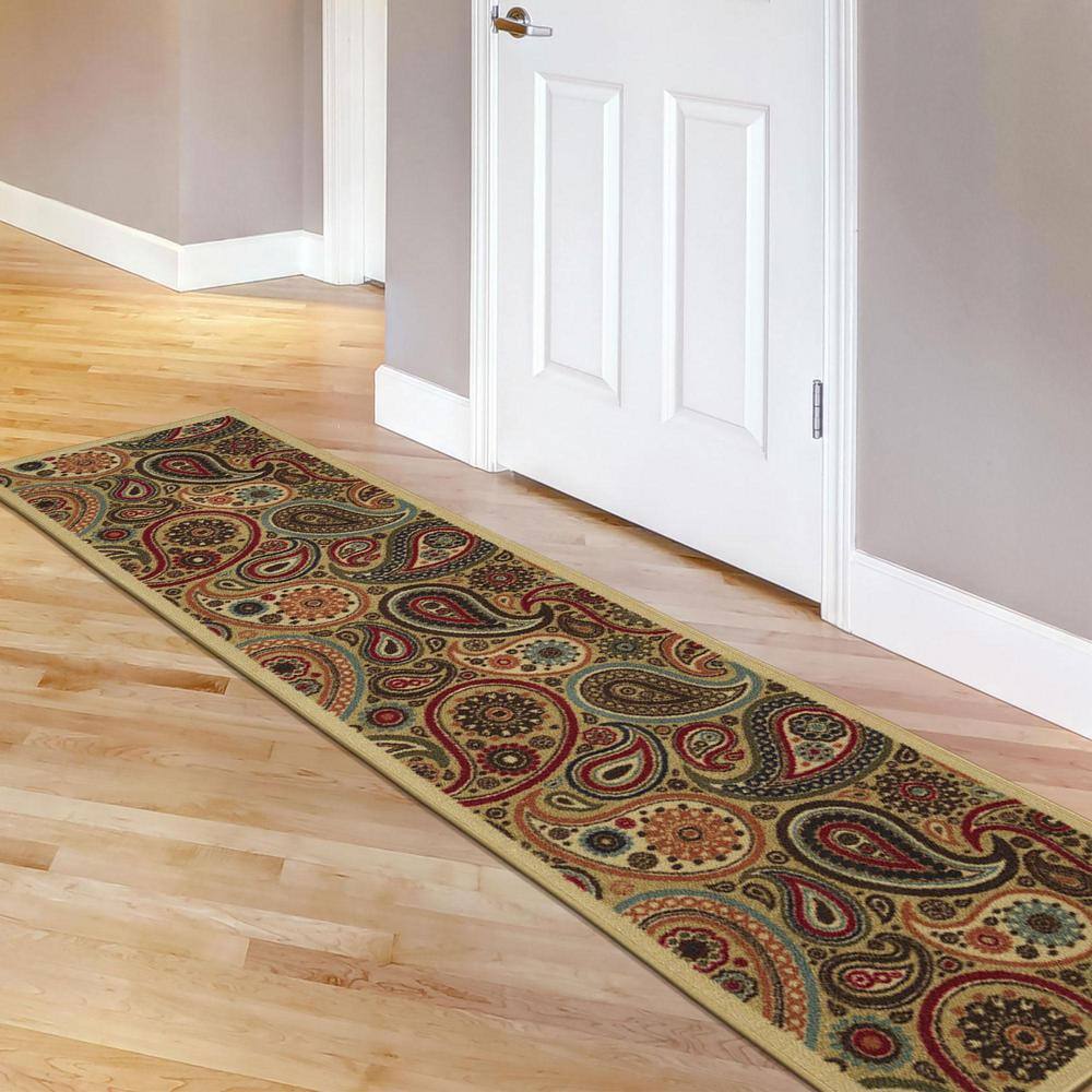 Contemporary Red and Beige Paisley Runner Rug with Non-Slip Backing