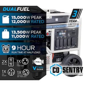 15,000-12,000-Watt Recoil Dual Fuel Portable Home Power Generator with Push Button Start and CO Alert
