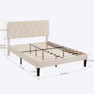 Bed Frame with Upholstered Headboard, Beige Metal Frame Queen Platform Bed with Strong Frame and Wooden Slats Support