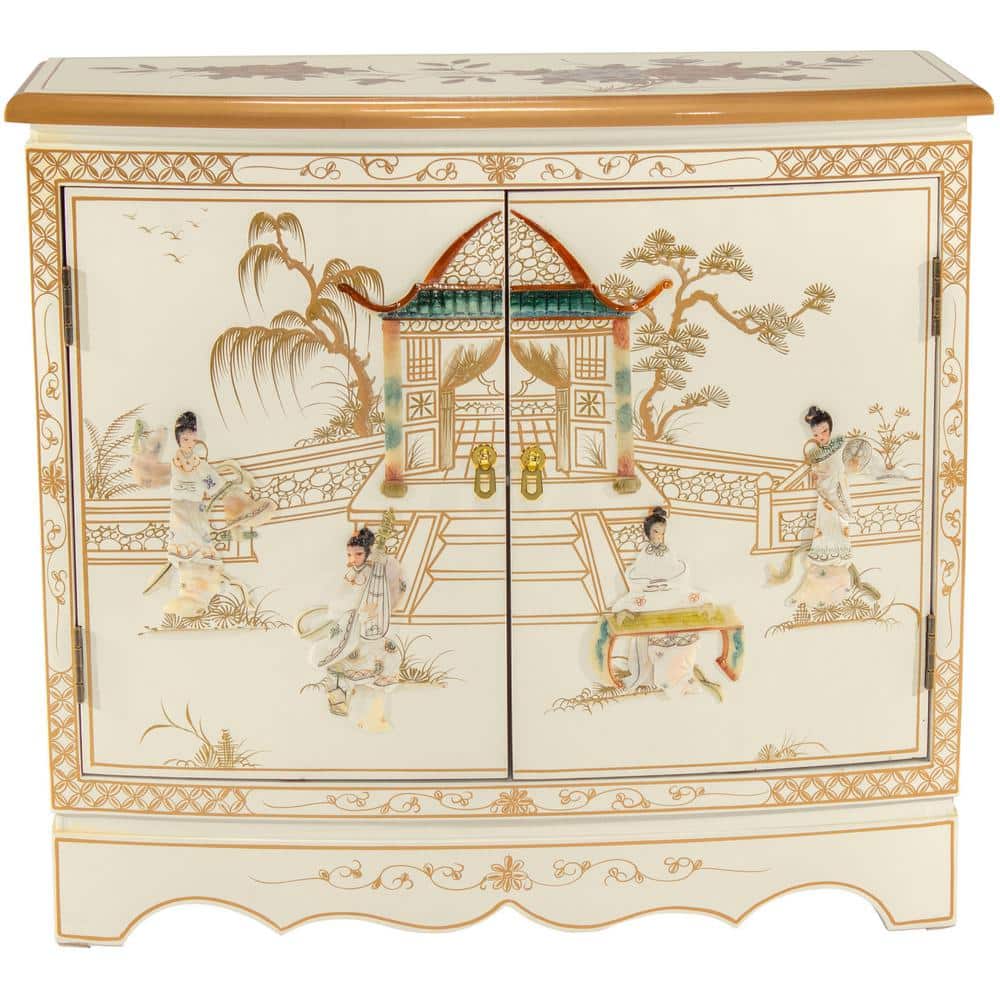 White Lacquer Hall Cabinet with Hand-Carved Mother-of-Pearl Ladies