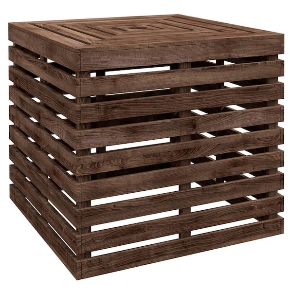 COOLSHARK 2-in-1-Outdoor Coffee End Table, Wooden Patio Umbrella Stand Table with Umbrella Hole, Storage, for Garden, Porch, Brown