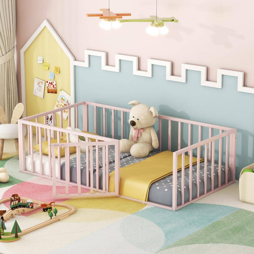 Pink Metal Frame Twin Size Platform Bed with Fence, Door