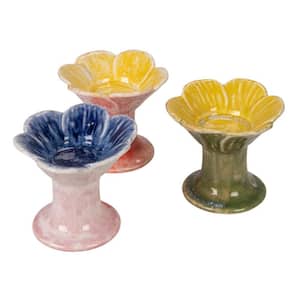 Storied Home Multi-Colored Stoneware Flower Shaped Tealight Holders 3-Pack