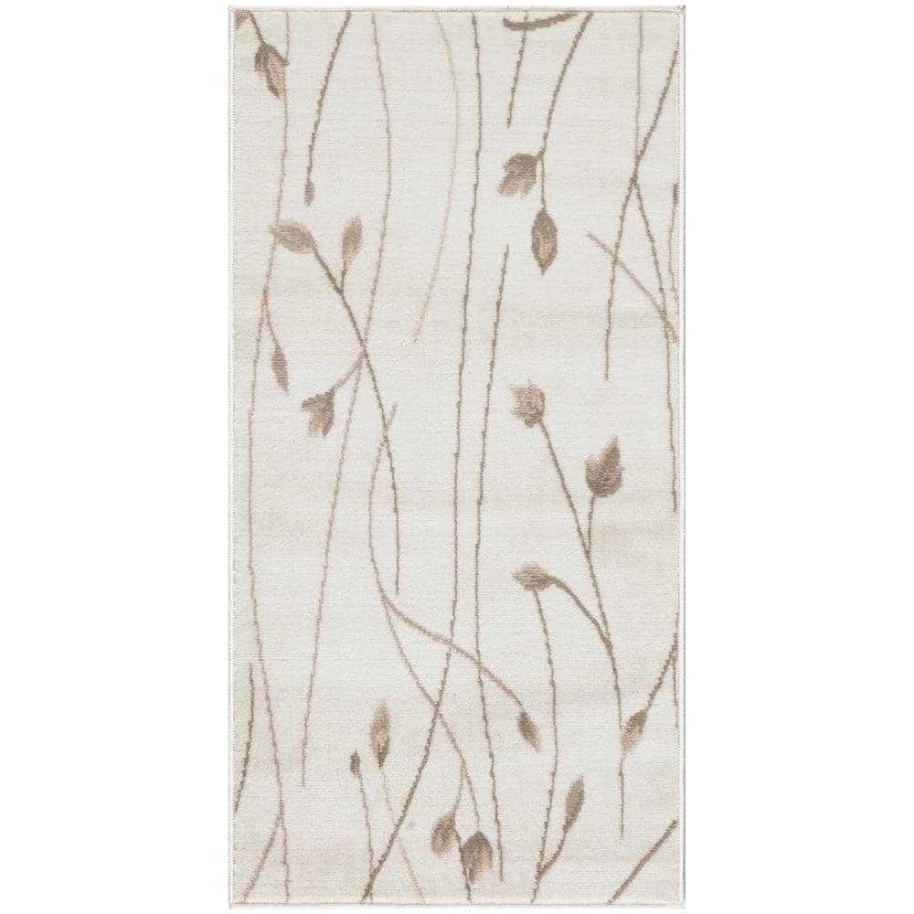 Ivory Beige Floral Rectangular Synthetic Area Rug, 2x4