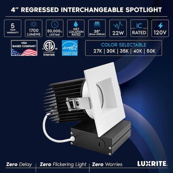 4 In. Integrated LED Trimless Regressed Spotlight with Square White Trim, 5CCT, CRI90, 22W, 1700LM, Dimmable, IC Rated