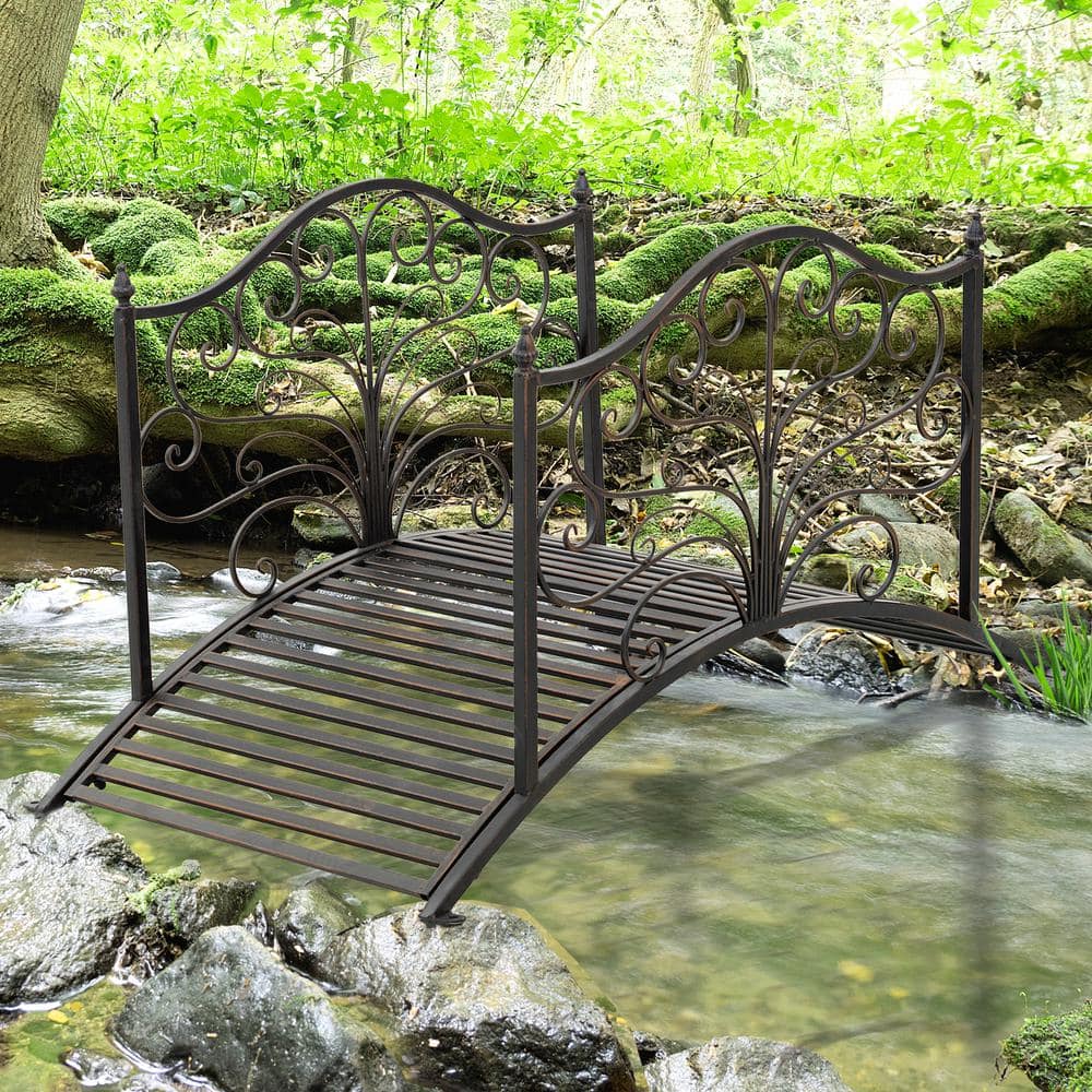 Black Bronze 4-Foot Metal Arched Garden Bridge with Scrollwork