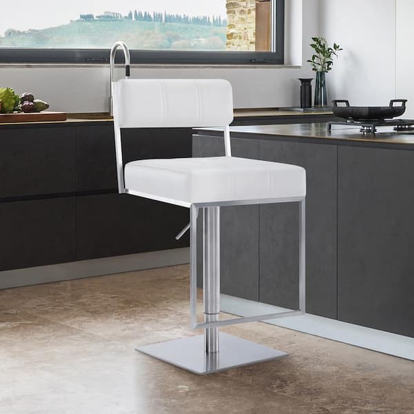 Blossom Contemporary Adjustable 35-44 in. Swivel Bar Stool in Brushed Stainless Steel and White Faux Leather