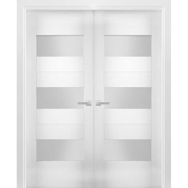 VDOMDOORS 84 in. x 96 in. Single Panel White Finished Pine Wood Sliding Door with Hardware