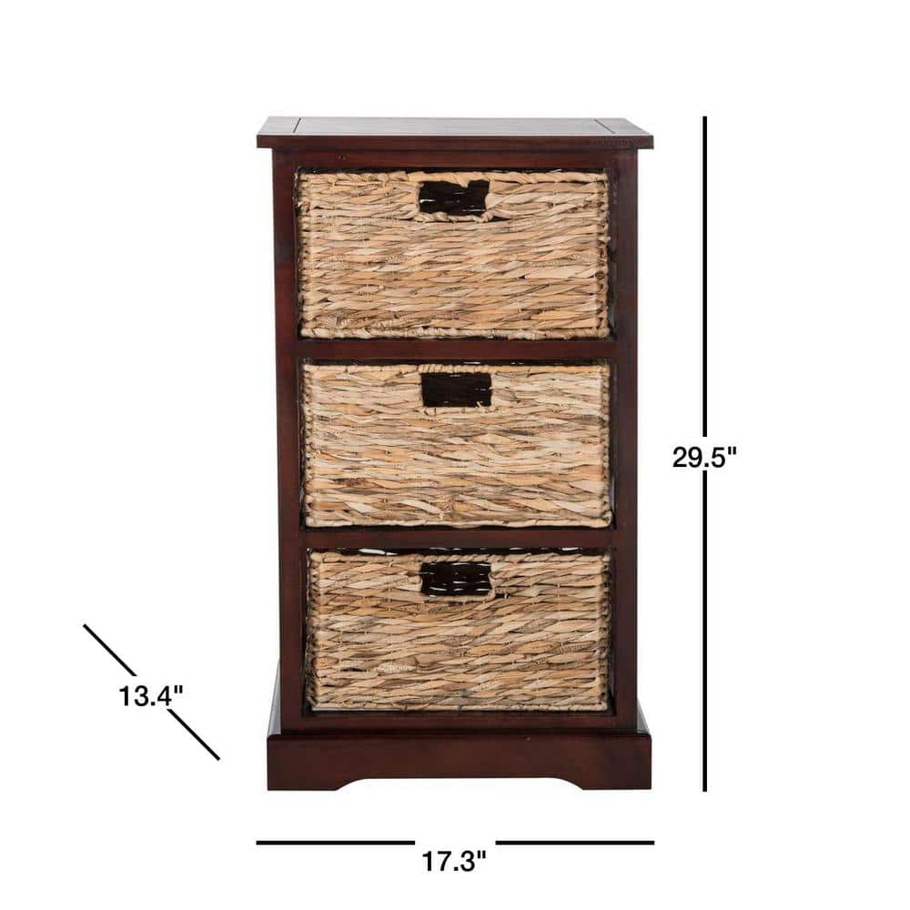 Transitional Brown Pine Wood Side Table with 3 Rattan Drawers
