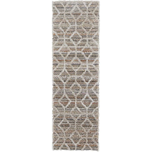 HomeRoots 2 ft. x 8 ft. Tan, Ivory Geometric Runner Rug