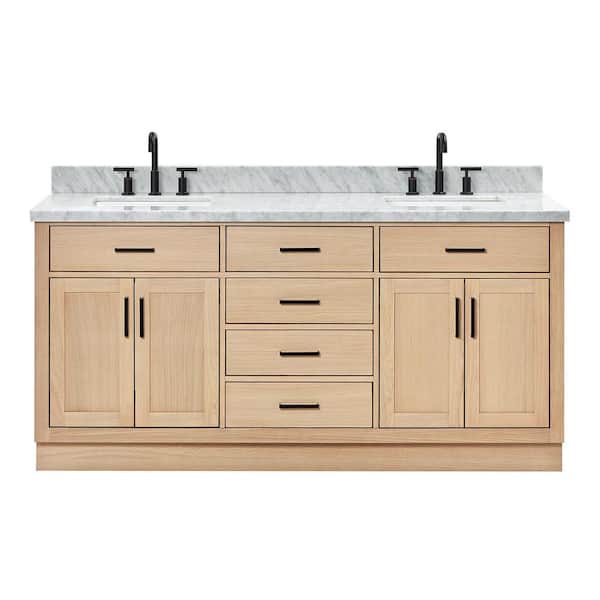 Hepburn 72 in. Double Sink Freestanding Bathroom Vanity in Oak with Carrara White Marble Top