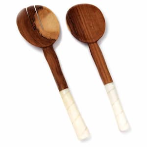 Olive Wood Salad Servers with Rounded Bone Handles