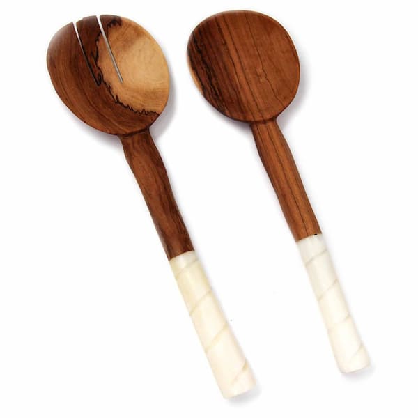 Global Crafts Olive Wood Salad Servers with Rounded Bone Handles