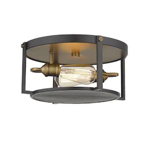Halcyon 14.25 in. 2-Light Bronze and Heritage Brass Flush Mount Light with No Bulbs Included