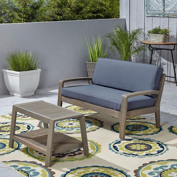Grenada Gray 2-Piece Wood Outdoor Patio Conversation Set with Dark Gray Cushions