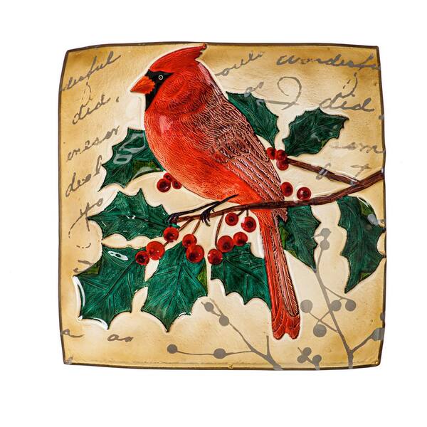 Evergreen 16.5 in. Holiday Cardinal Hand Painted Embossed Square Glass Bird Bath