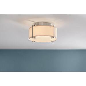 Brookley 13 in. 2-Light Brushed Nickel Flush Mount with White Fabric Shade