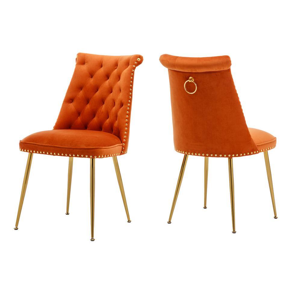 Orange Velvet Upholstered Side Chair with Gold Metal Legs