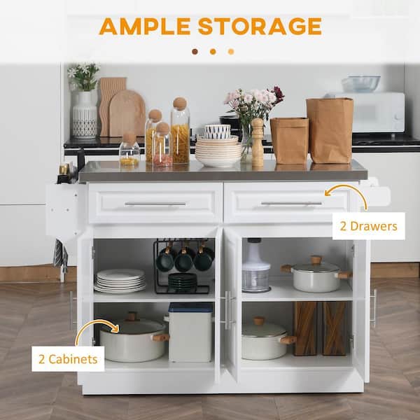 FAMYYT White Stainless-Steel Top 57 in. Kitchen Island with