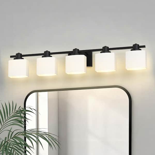 40 in. Modern 5-Light Matte Black Bathroom Vanity Light, White Glass Shade Over Mirror Lighting Fixture