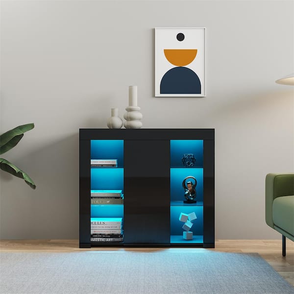 Tileon Wood High Gloss Kitchen Cupboard Sideboard with LED Light and Glass Shelves in Black
