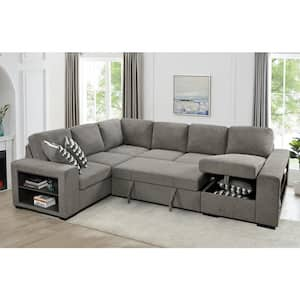 125 in. U-Shaped Polyester Sectional Sofa in Light Gray with Pull-out Bed, Storage Chaise, Cabinet