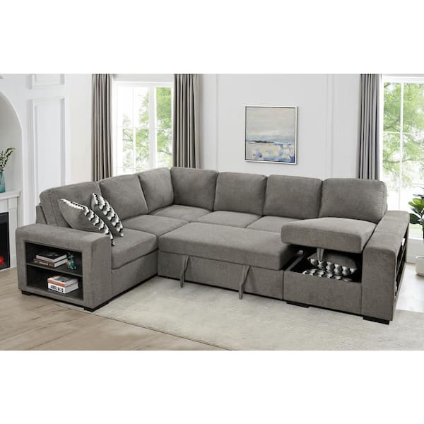 sumyeg 125 in. U-Shaped Polyester Sectional Sofa in Light Gray with Pull-out Bed, Storage Chaise, Cabinet
