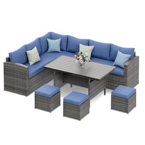 7-Piece PE Rattan Wicker Outdoor Dining Sectional Sofa Set with Blue Cushions