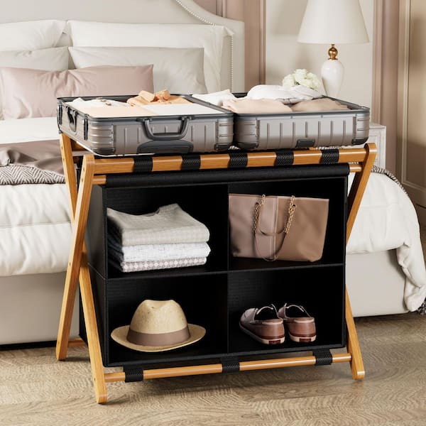 Wudkey Black Bamboo Luggage Rack with 4 Storage Compartments
