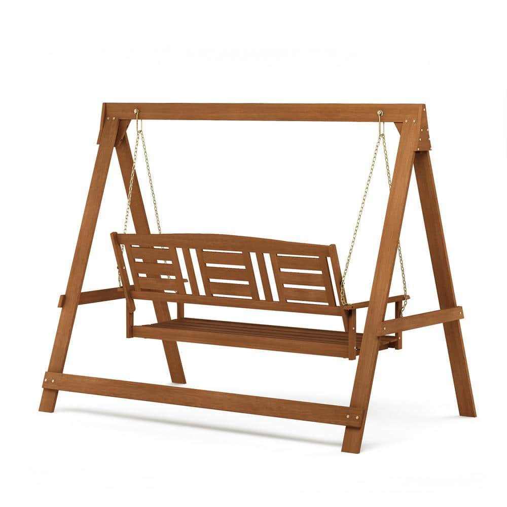 Tioman Natural Hardwood 3-Person Outdoor Porch Swing with Stand