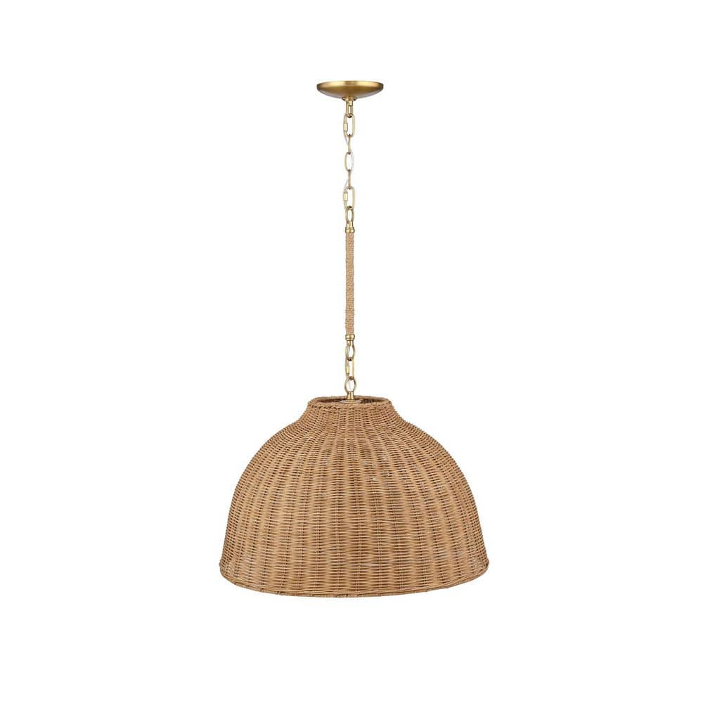 Augustine 60-Watt Light Brown Modern Farmhouse Rattan Pendant Light with Hemp-Wrapped Vintage Brass Metal Rod