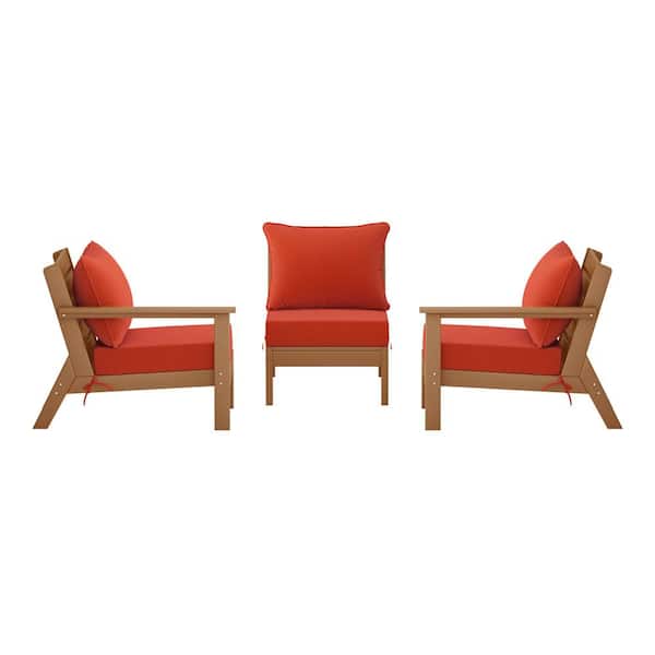 Birchwood Teak Arrangeable Outdoor Patio 3-Piece Deep Seating HDPE Sofa Armchair Set w/ Orange Cushions