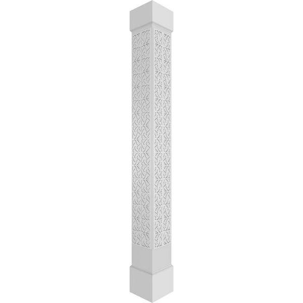 Ekena Millwork 7-5/8 in. x 8 ft. Premium Square Non-Tapered Paisley Fretwork PVC Column Wrap Kit w/Standard Capital and Base