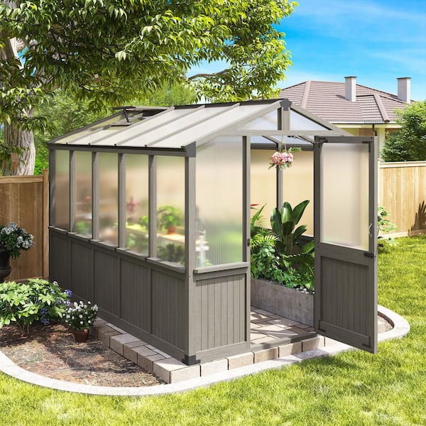 6 ft. x 10 ft. Wooden Garden Plant Greenhouse for Outdoors with 2-Layer Polycarbonate Panels and Adjustable Roof Vent