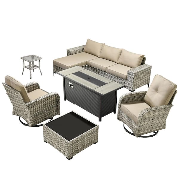 Stellaray 9 Pieces Wicker Outdoor Patio Rectangular Fire Pit Set and Swivel Rocking Chairs with Beige Cushions