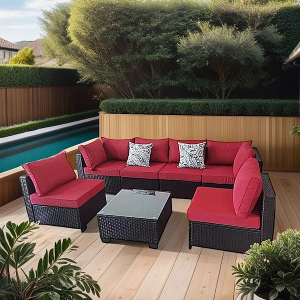 Cesicia Outdoor Coffee 7-Piece Wicker Patio Conversation Set with Red Cushions and Pillows