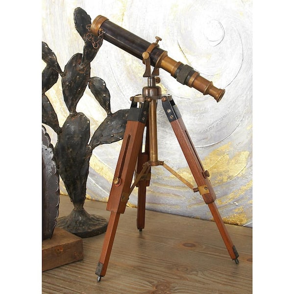 Litton Lane 9 in. x 8 in. Brass Miniature Telescope and Compass in Polished Brass Gold