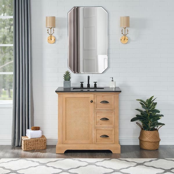 ROSWELL Hervas 36 in. W x 22 in. D x 33.8 in. H Single Sink Bath Vanity in Fir Brown with Black Celestite Marble Top