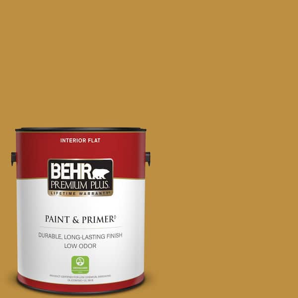BEHR PREMIUM PLUS 1 gal. #340D-6 Fervent Brass Flat Low Odor Interior Paint & Primer