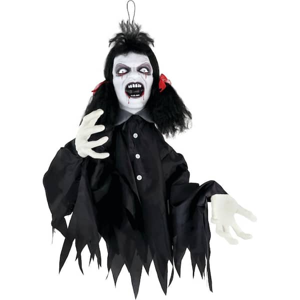 Haunted Hill Farm 20 in. Hanging Animatronic Demon Girl with Lights and Sound, Indoor or Covered Outdoor Halloween Decoration