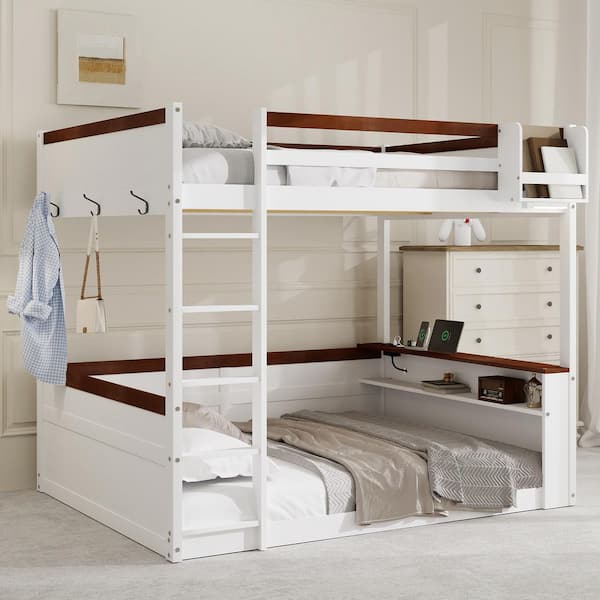 White Queen Size Wood Bunk Bed with Ladder, Clothes Hooks, Built-in Shelves, LED Light and USB Charging Station