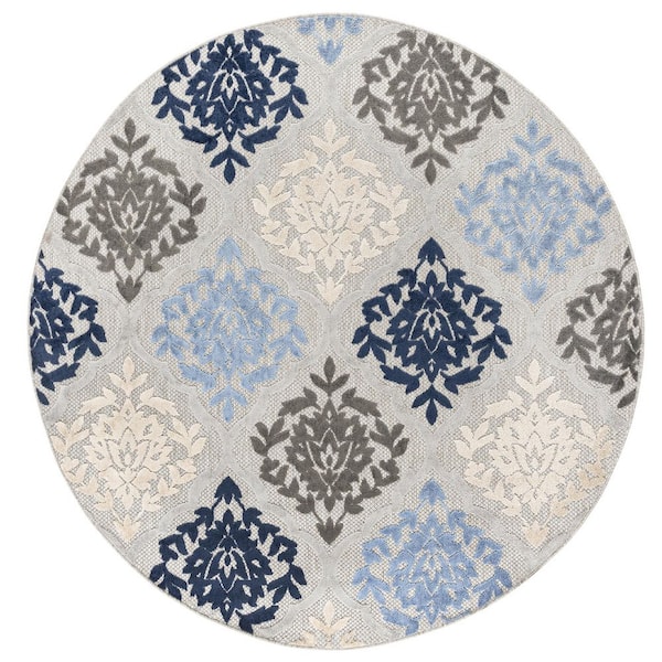 Tayse Rugs Oasis Medallion Blue 5 ft. x 5 ft. Round Indoor/Outdoor Area Rug