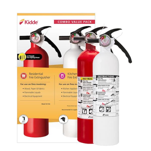 Kidde Basic Use & Kitchen Fire Extinguishers with Easy Mount Bracket, 1-A:10-B:C & 1-10-B:C Fire Extinguishers, 2-Pack